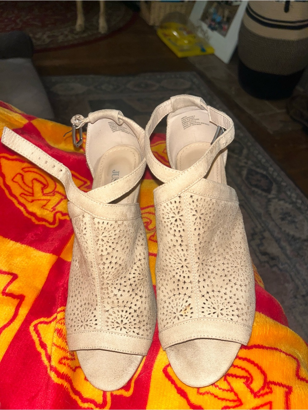 JustFab Beige Laser-Cut Suede Peep-Toe Heels